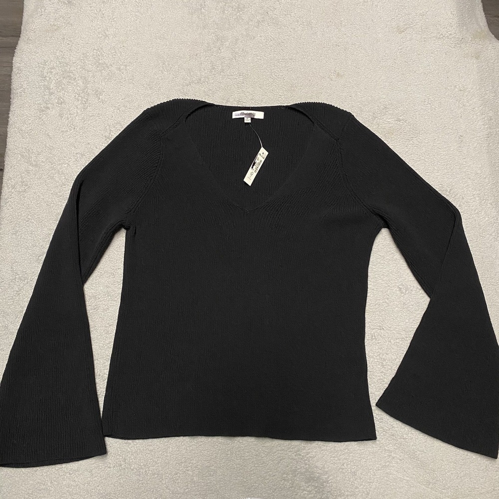 Madewell Sweater Medium Black V Neck Flare Sleeve Knit Cotton Polyamide NEW
